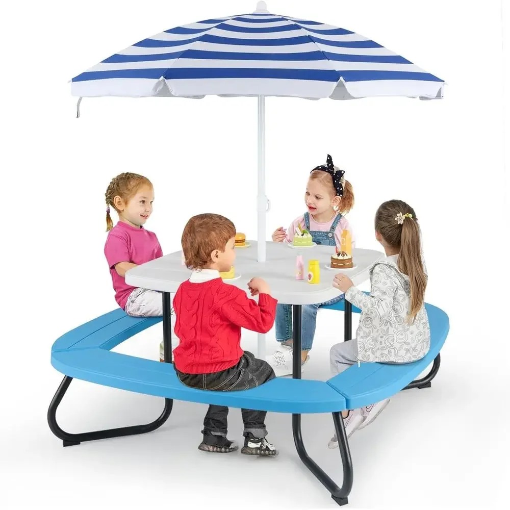 Kids Outdoor Bench - 8-Person Kids Picnic Table with Umbrella,
