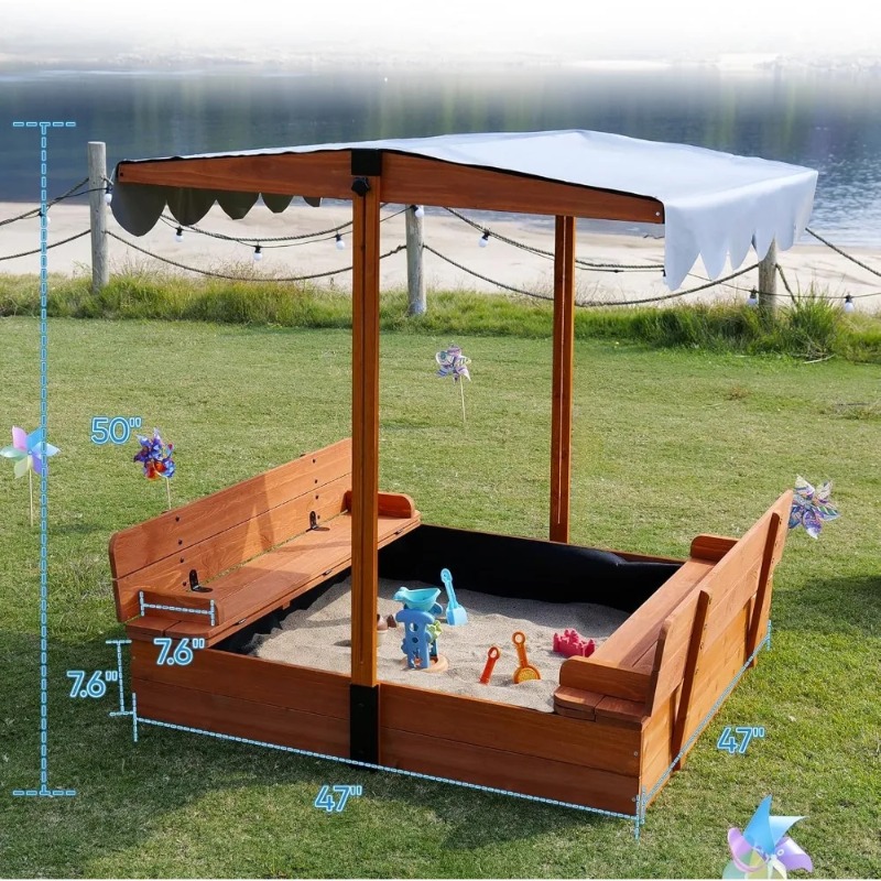 Wooden Kids Sandbox with Canop - Kids Outdoor Bench 评论和价格